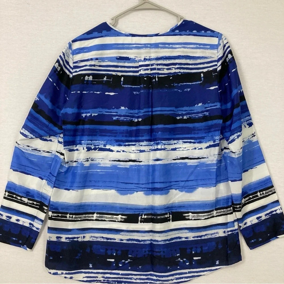 Lafayette 148 New York Blue Black Striped Y Neck 100% Silk Popover Top size 6 - Picture 9 of 10